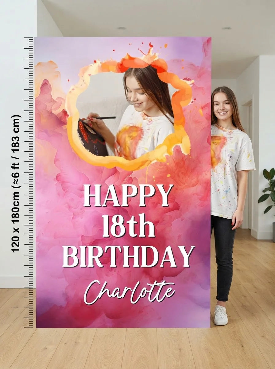 Person standing beside the Colorful Watercolor Theme Birthday Party Mega Card for scale in a size guide