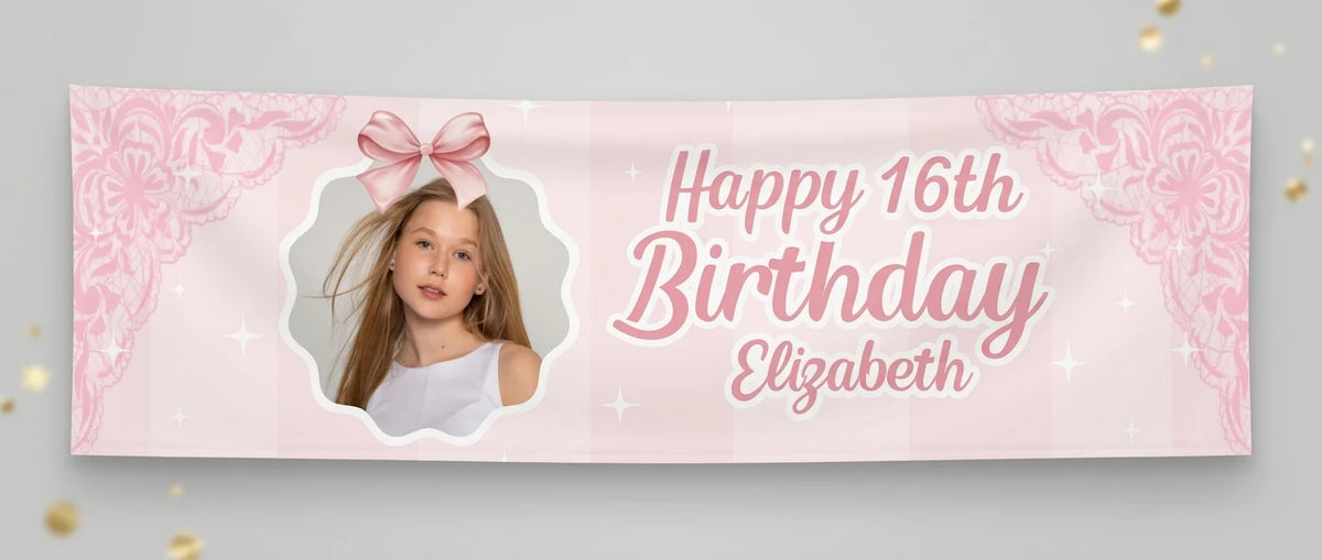 Personalised Coquette Bow Birthday Party Banner displayed against a plain studio background