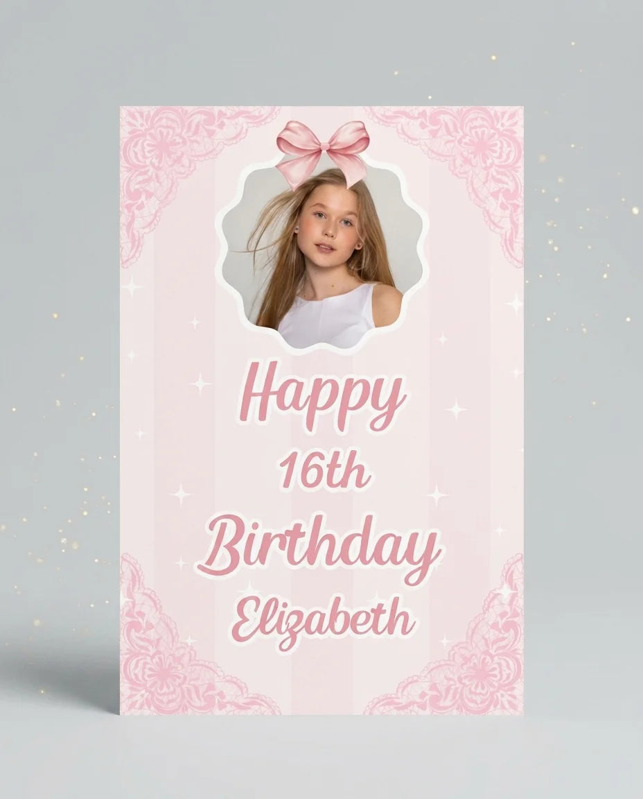 Personalised Coquette Bow Birthday Party Mega Card displayed against a plain studio background