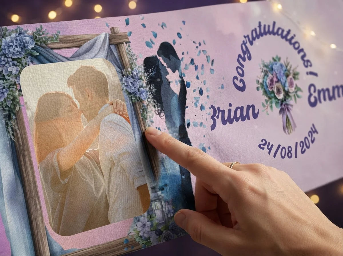 Close-up of the personalised name and photo printed on the Coquette Winter Theme Wedding Banner