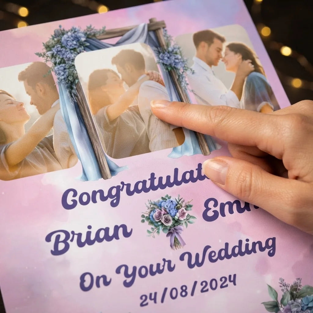 Close-up of the personalised name and photo printed on the Coquette Winter Theme Wedding Mega Card