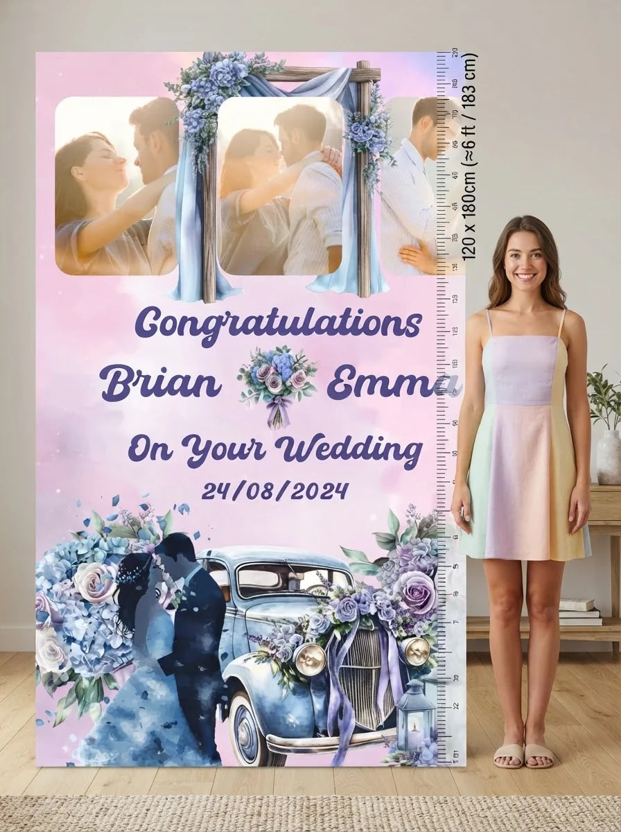Person standing beside the Coquette Winter Theme Wedding Mega Card for scale in a size guide