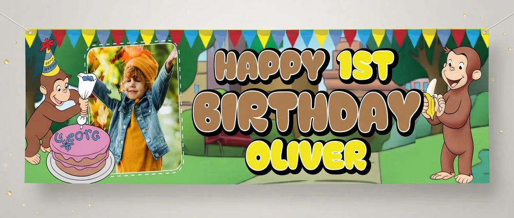 Personalised Curious George Birthday Banner displayed against a plain studio background