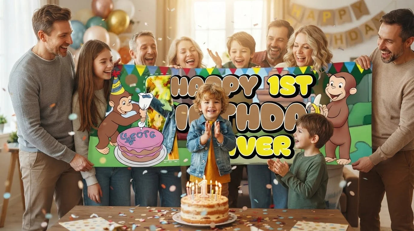 Friends and family celebrating with the personalised Curious George Birthday Banner