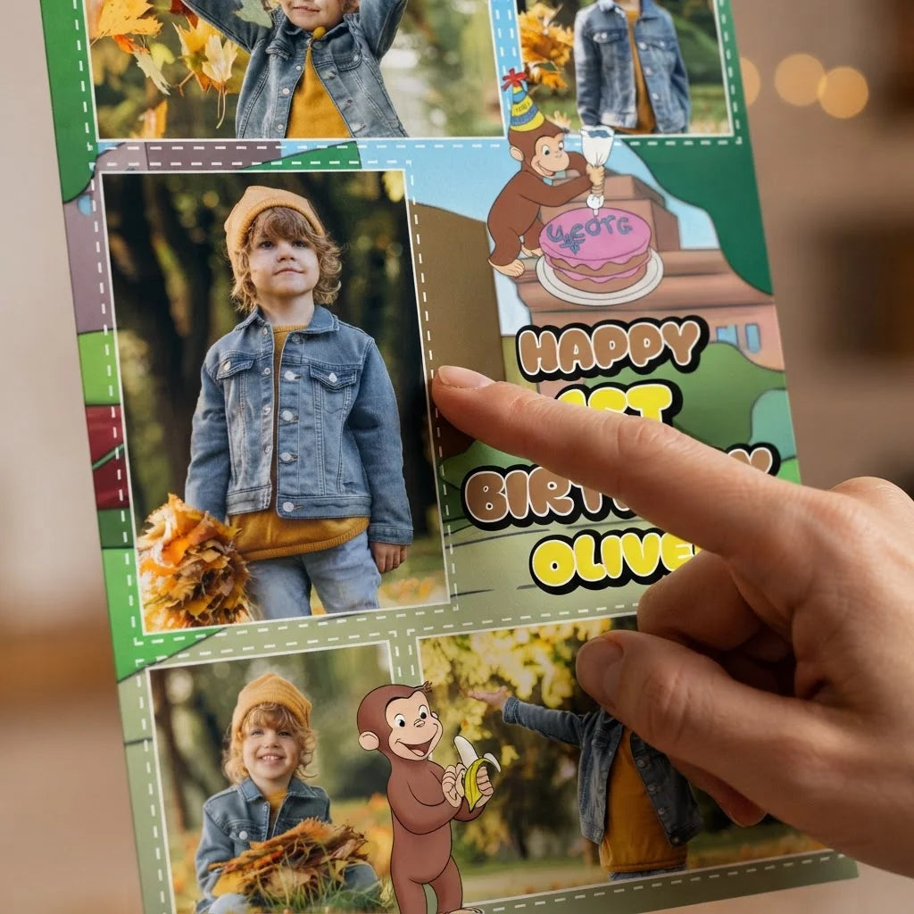 Close-up of the personalised name and photo printed on the Curious George Mega Card