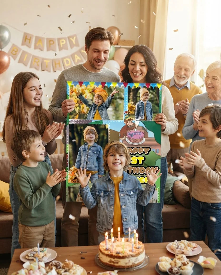 Friends and family celebrating with the personalised Curious George Mega Card