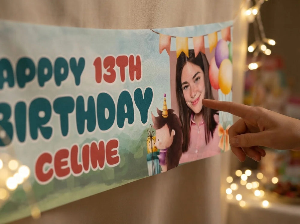 Close-up of the personalised name and photo printed on the Cute Animals Birthday Party Banner