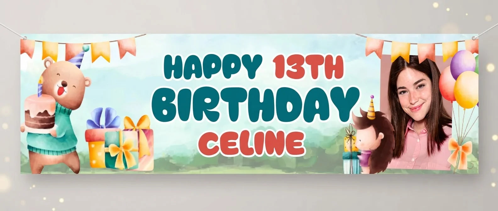Personalised Cute Animals Birthday Party Banner displayed against a plain studio background