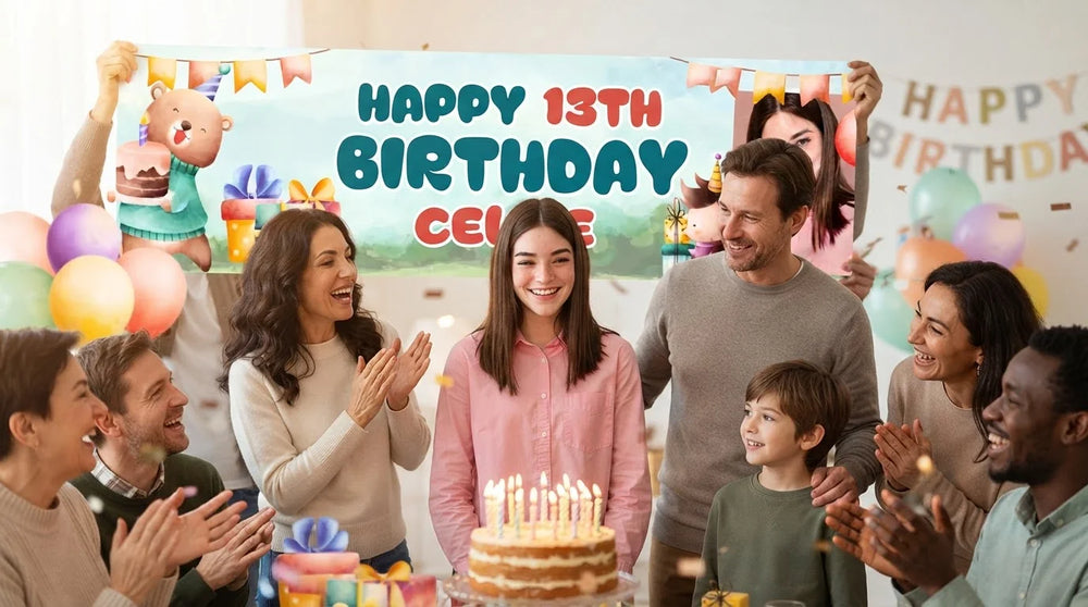 Friends and family celebrating with the personalised Cute Animals Birthday Party Banner