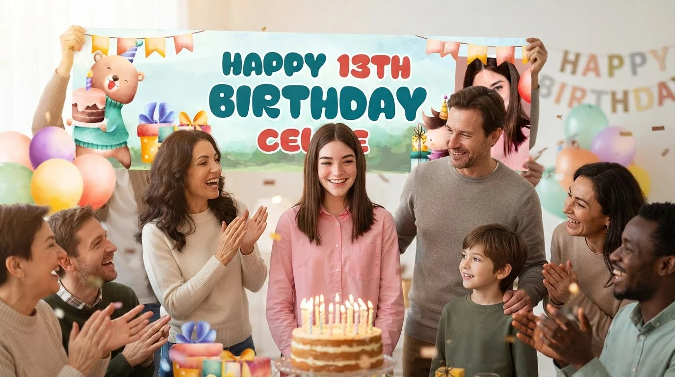Friends and family celebrating with the personalised Cute Animals Birthday Party Banner