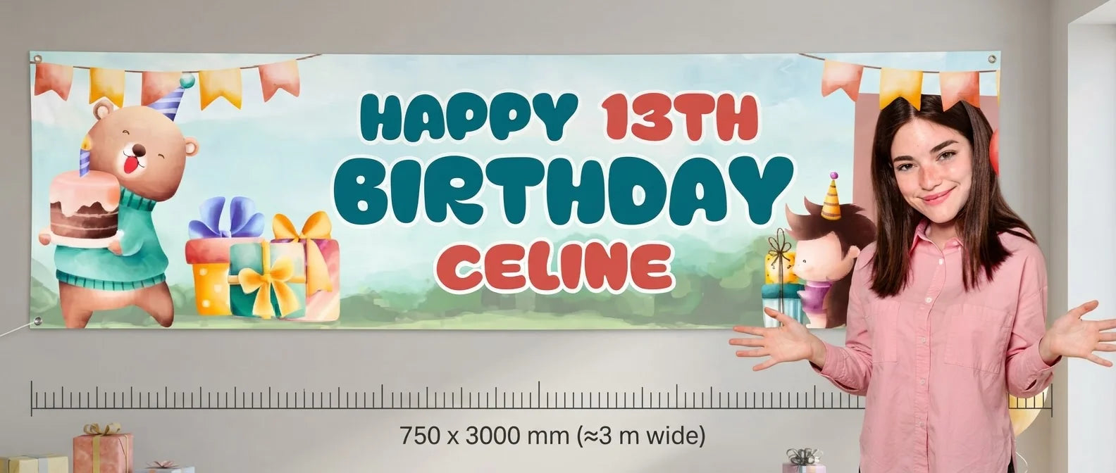 Person standing beside the Cute Animals Birthday Party Banner for scale, with size guide showing 750 x 3000 mm