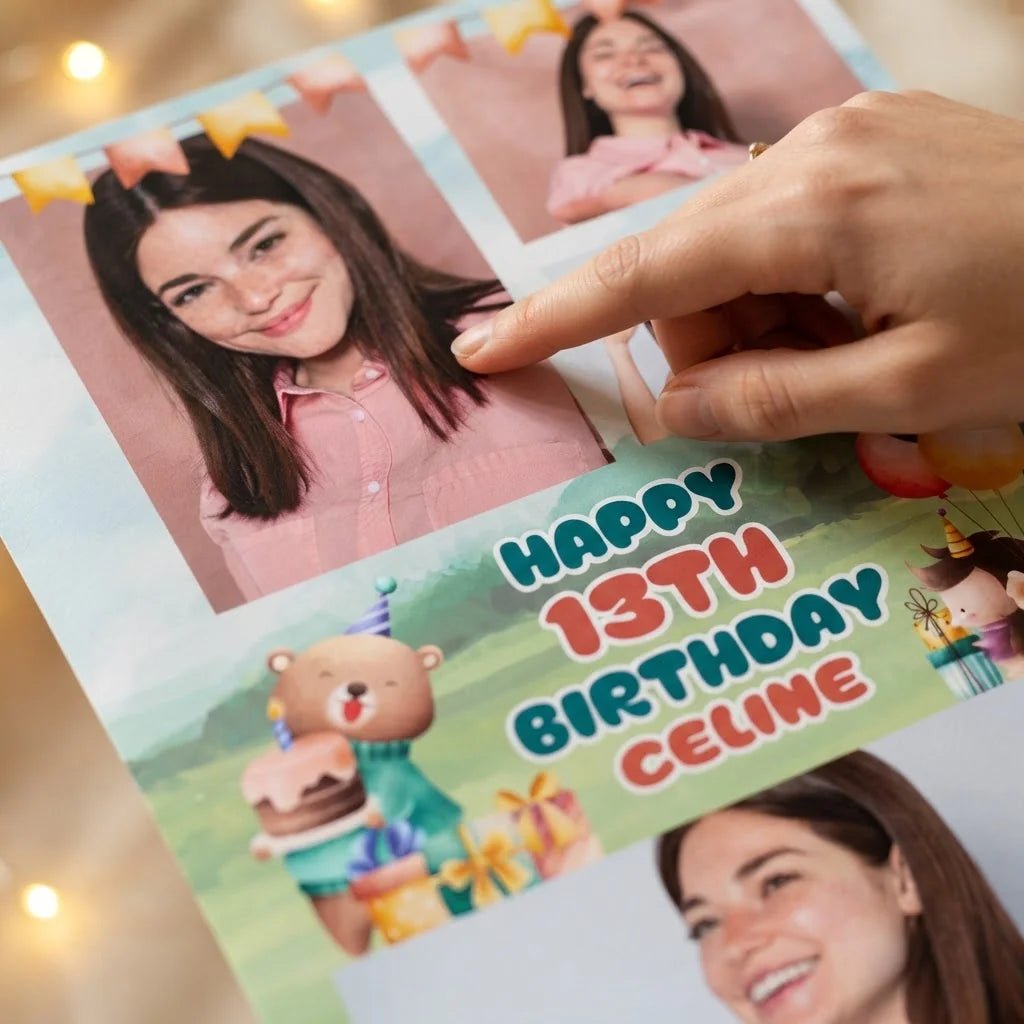 Close-up of the personalised name and photo printed on the Cute Animals Birthday Party Mega Card