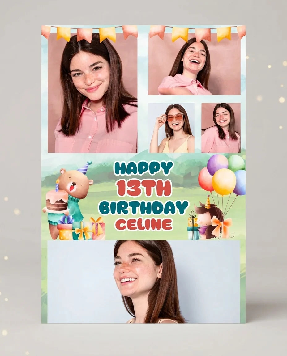 Personalised Cute Animals Birthday Party Mega Card displayed against a plain studio background