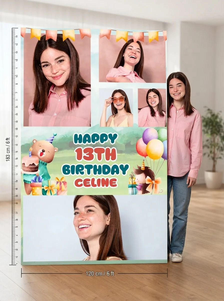 Person standing beside the Cute Animals Birthday Party Mega Card for scale in a size guide