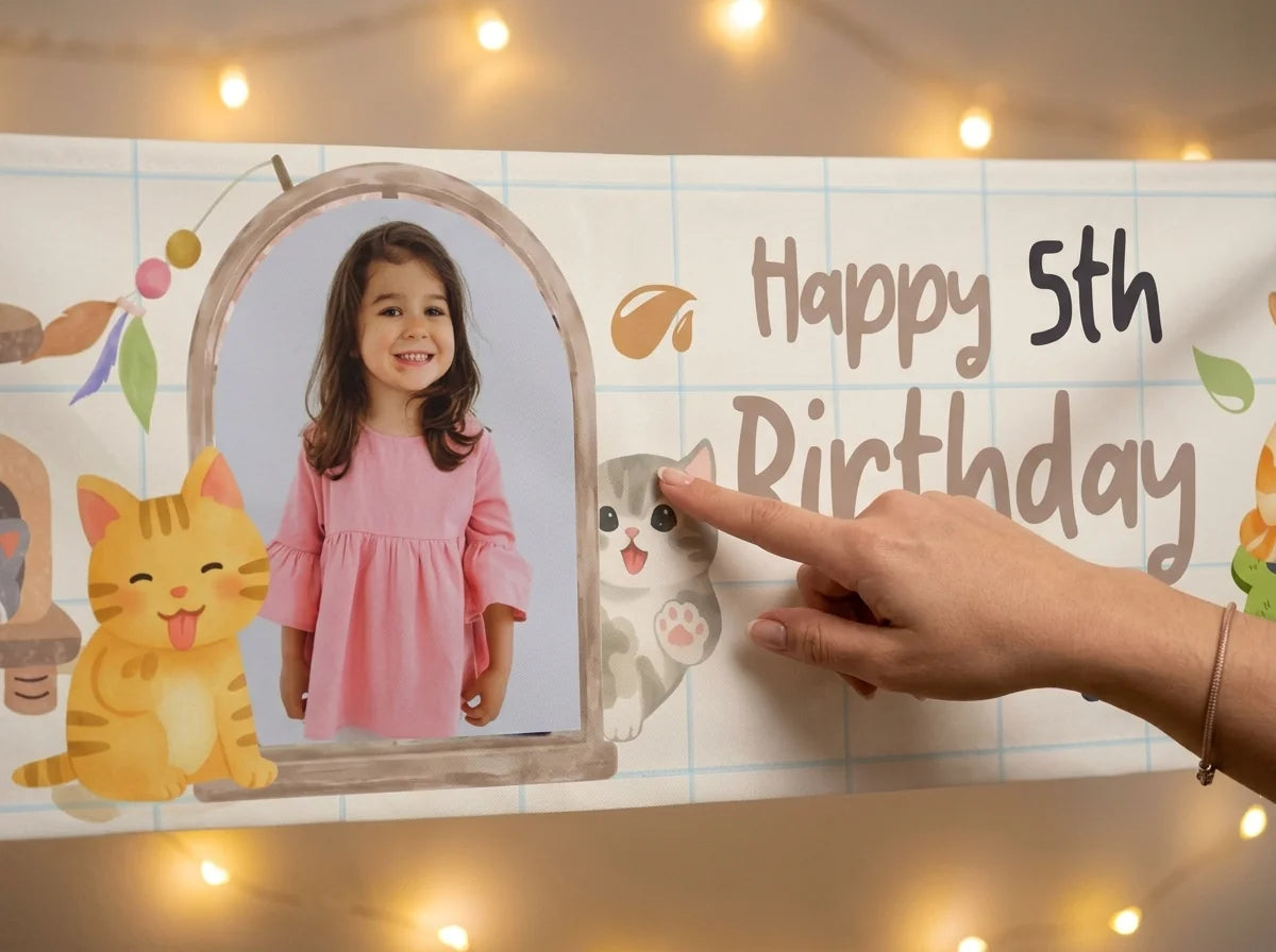 Close-up of the personalised name and photo printed on the Cute Cat Lover Birthday Party Banner