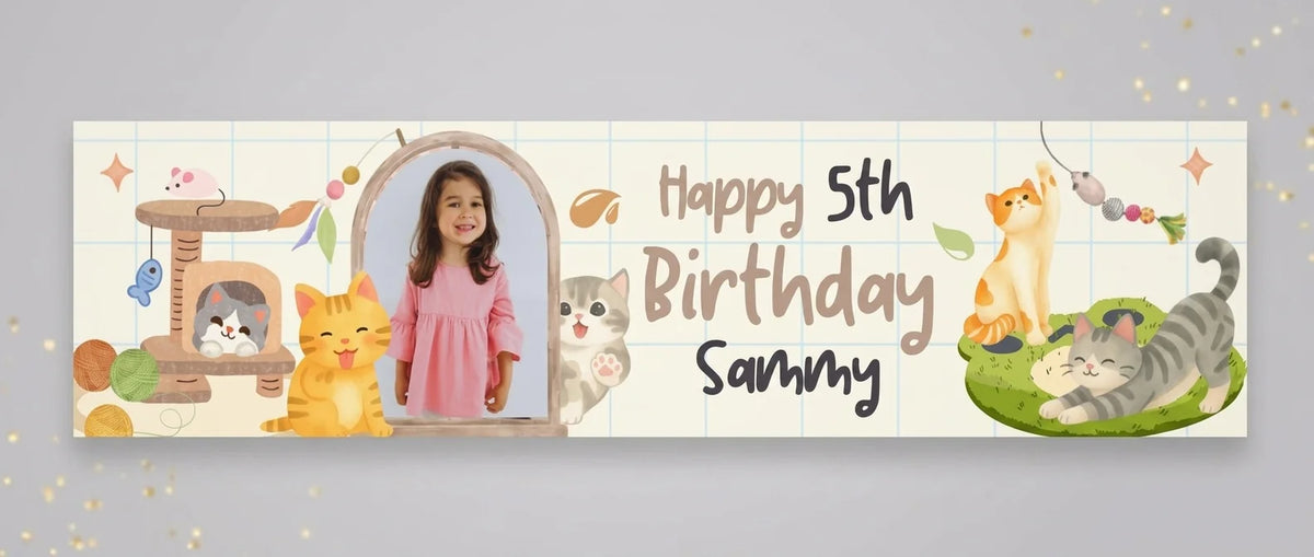 Personalised Cute Cat Lover Birthday Party Banner displayed against a plain studio background