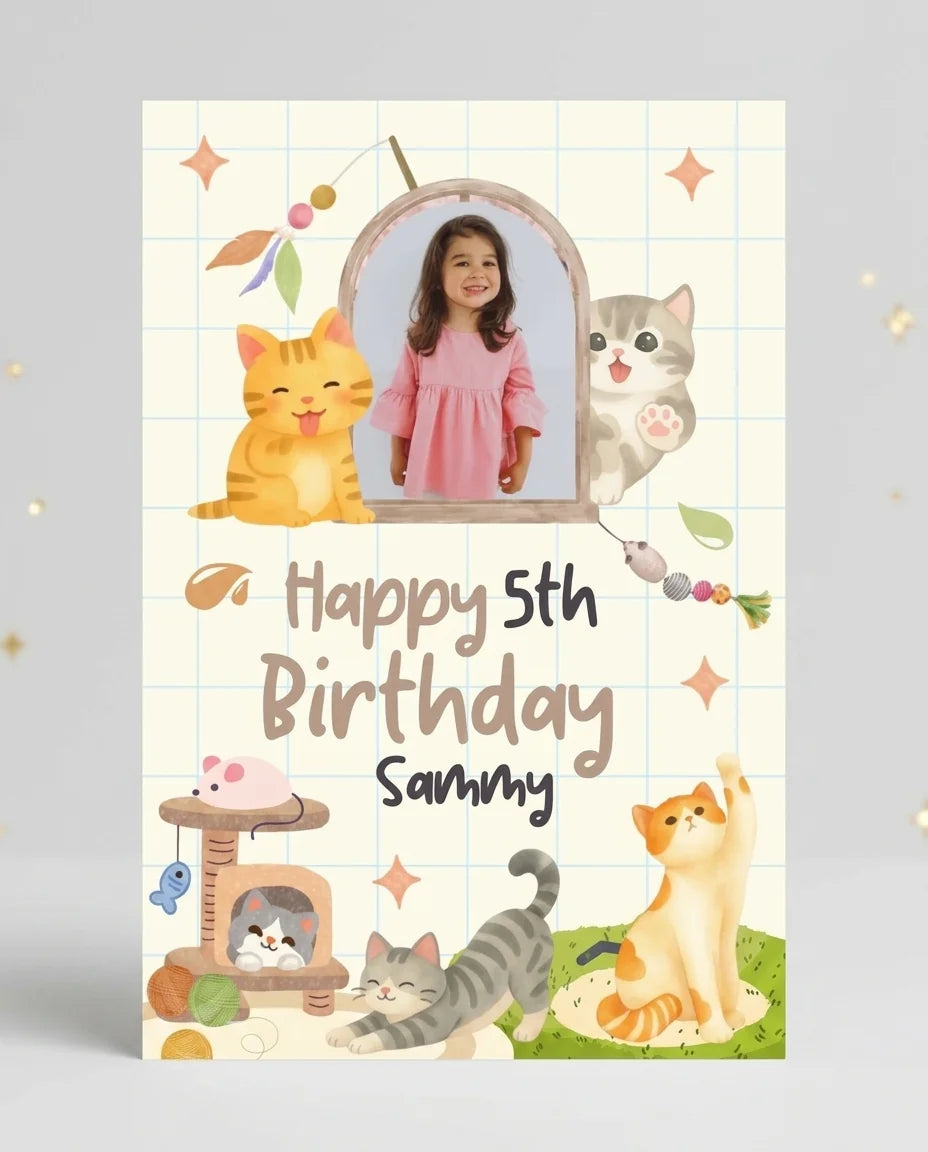Personalised Cute Cat Lover Birthday Party Mega Card displayed against a plain studio background