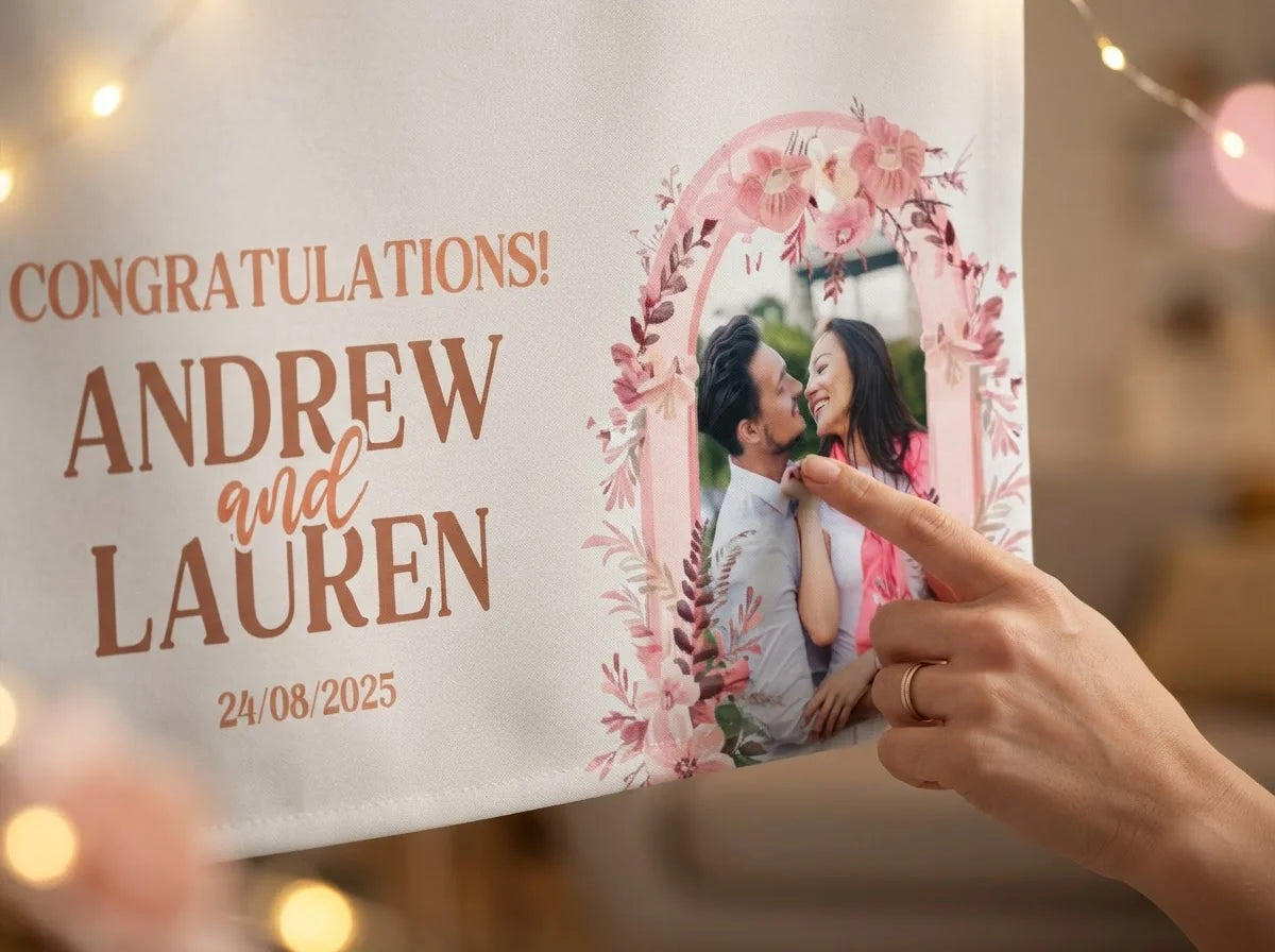Close-up of the personalised name and photo printed on the Cute Pink Theme Wedding Banner