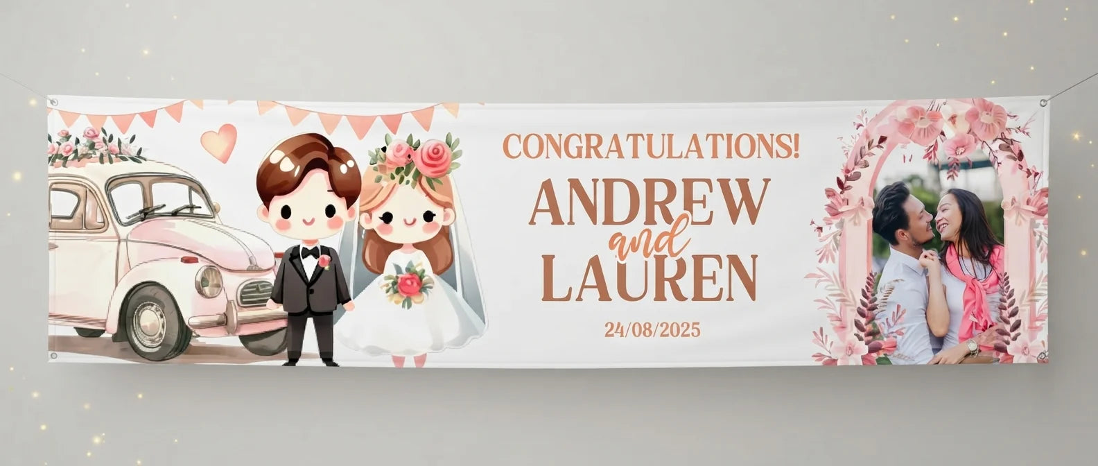 Personalised Cute Pink Theme Wedding Banner displayed against a plain studio background