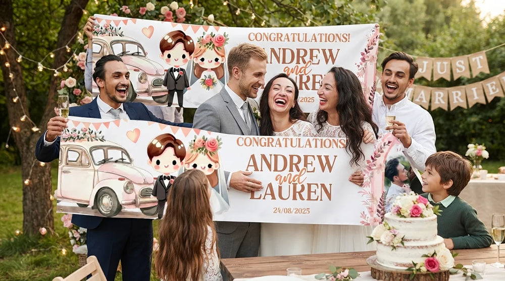 Friends and family celebrating with the personalised Cute Pink Theme Wedding Banner