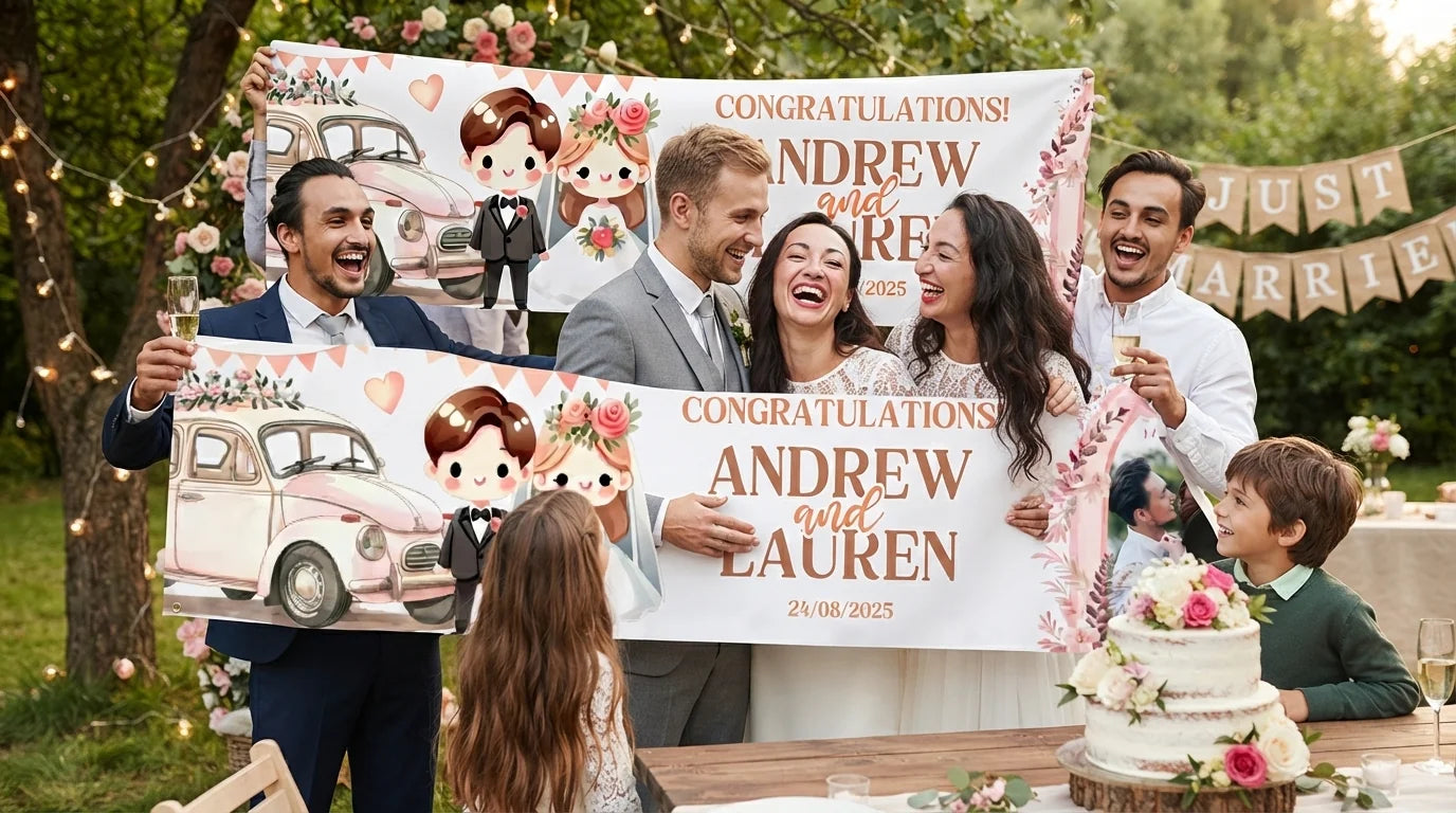 Friends and family celebrating with the personalised Cute Pink Theme Wedding Banner