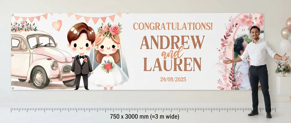 Person standing beside the Cute Pink Theme Wedding Banner for scale, with size guide showing 750 x 3000 mm