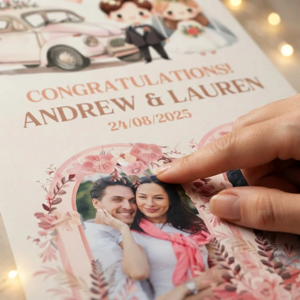 Close-up of the personalised name and photo printed on the Cute Pink Theme Wedding Mega Card