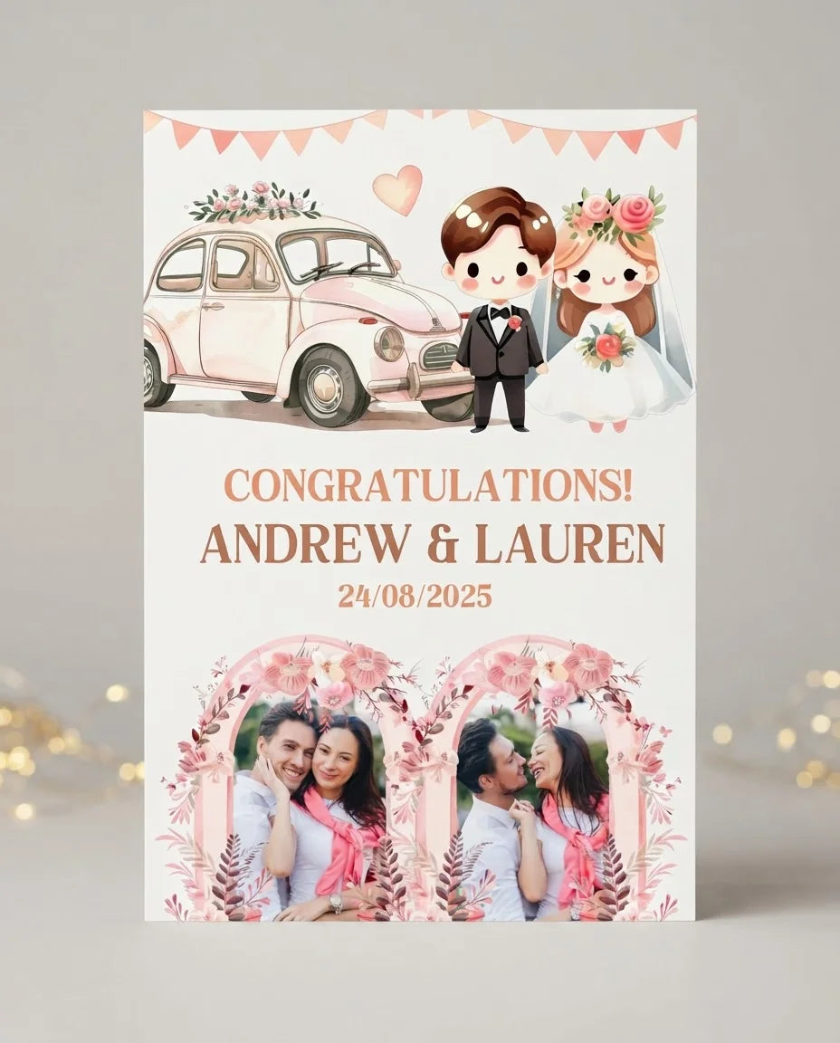 Personalised Cute Pink Theme Wedding Mega Card displayed against a plain studio background