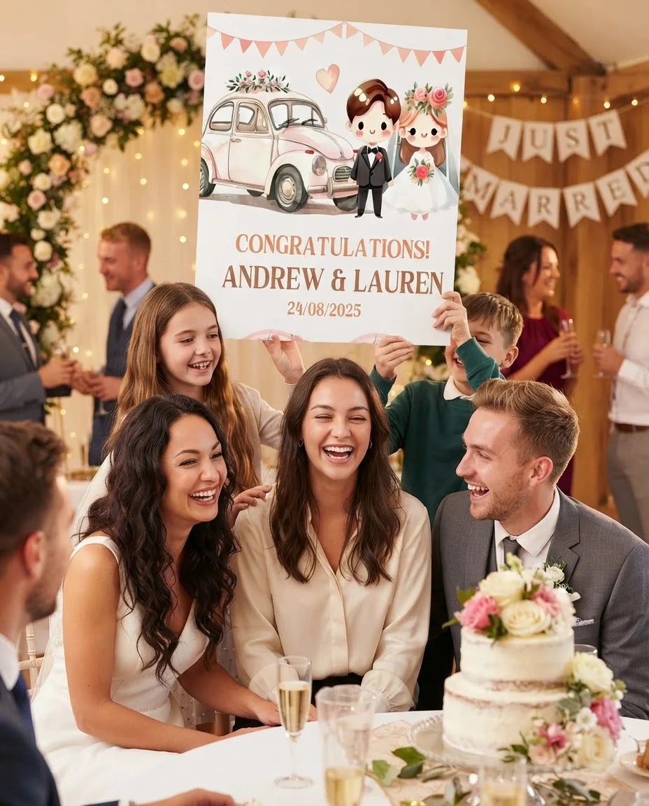 Friends and family celebrating with the personalised Cute Pink Theme Wedding Mega Card