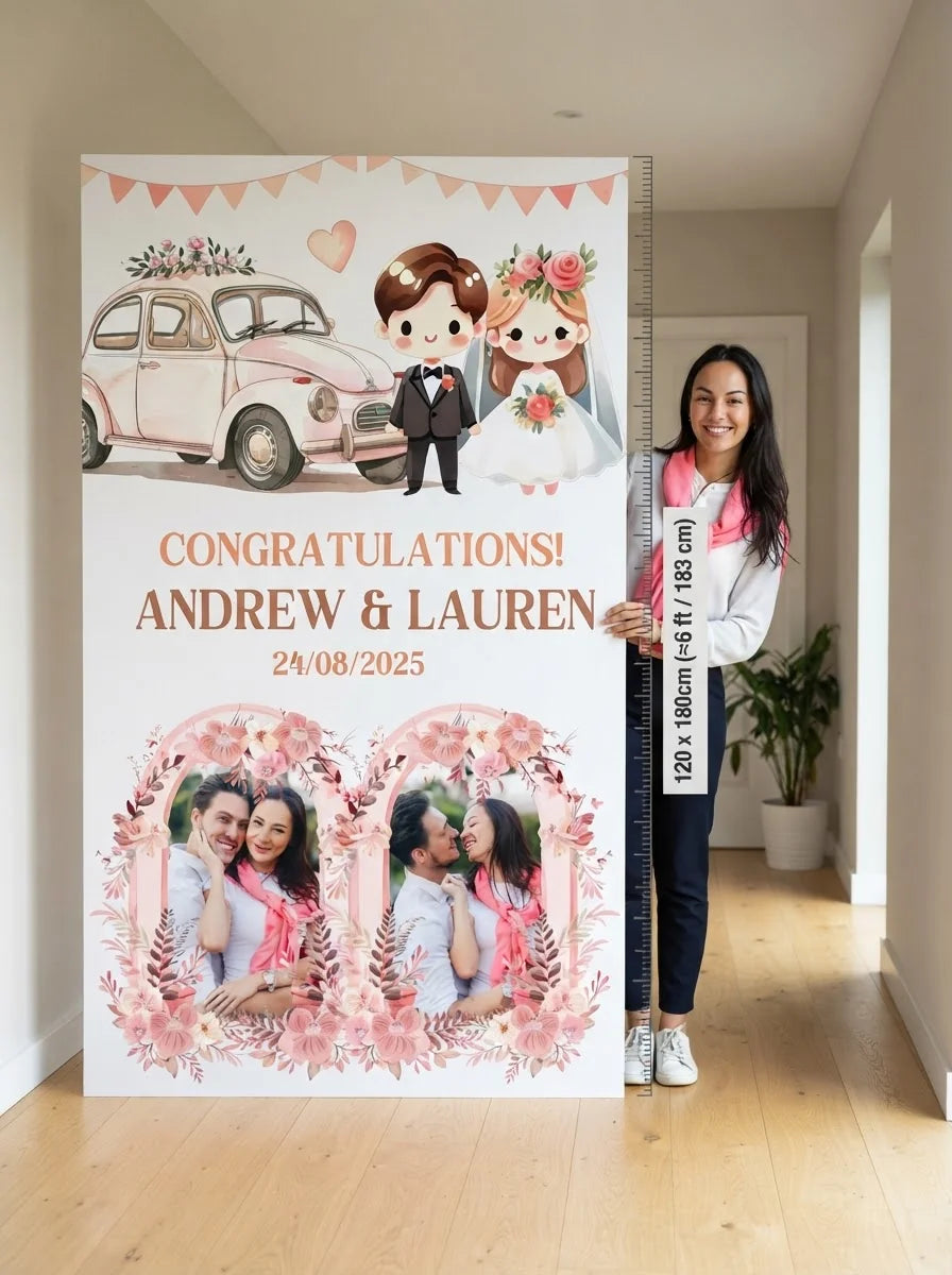 Person standing beside the Cute Pink Theme Wedding Mega Card for scale in a size guide