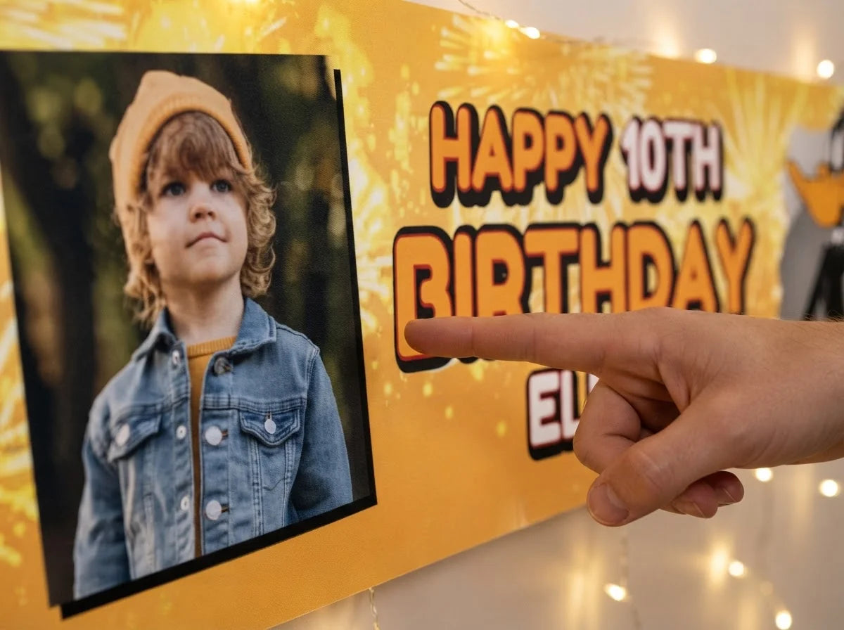 Close-up of the personalised name and photo printed on the Daffy Duck Birthday Banner