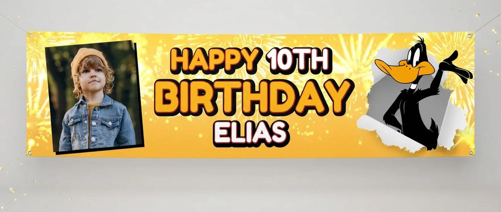 Personalised Daffy Duck Birthday Banner displayed against a plain studio background