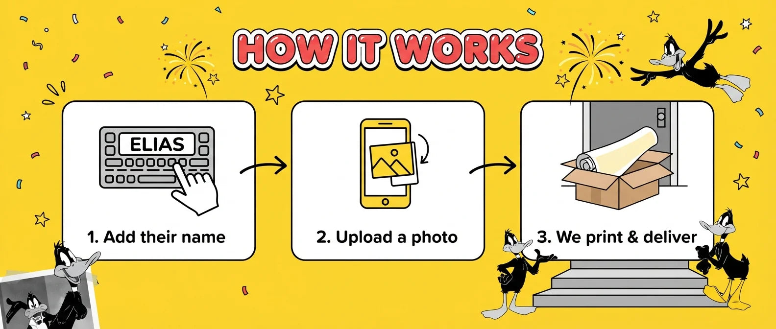 How it works: add a name, upload a photo, and we print and deliver the Daffy Duck Birthday Banner