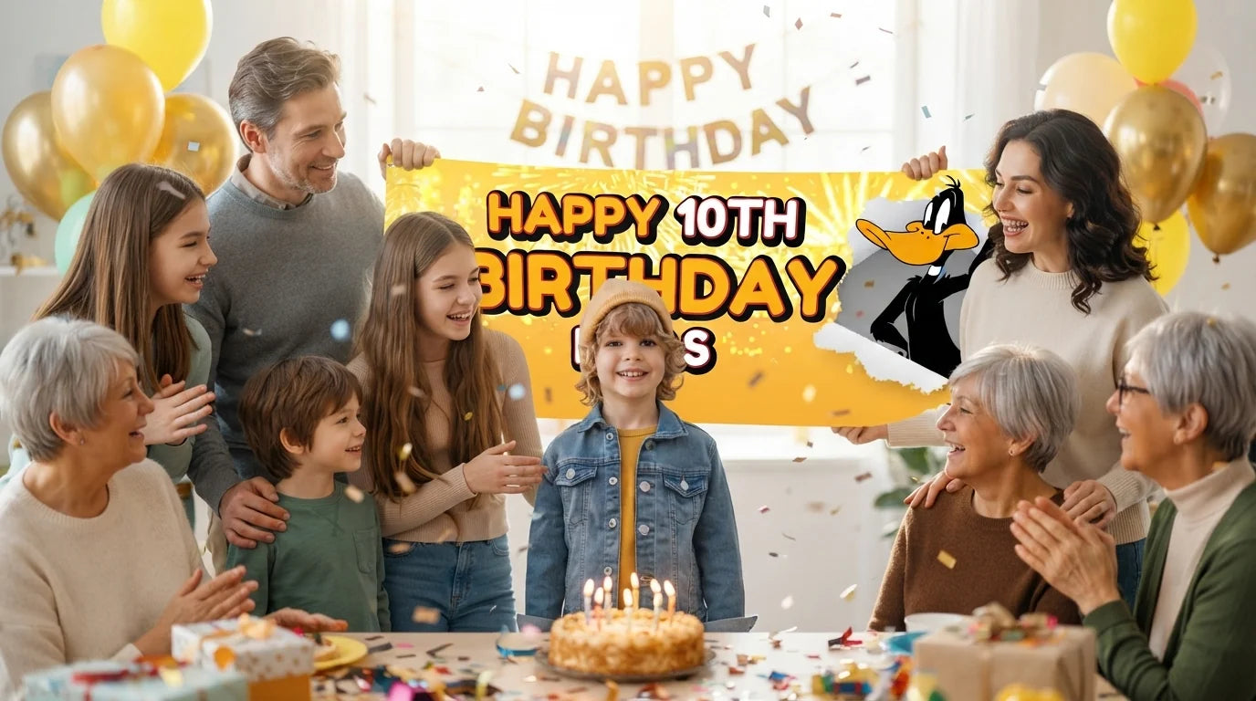 Friends and family celebrating with the personalised Daffy Duck Birthday Banner