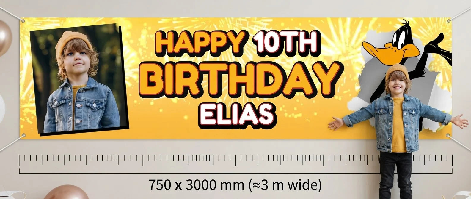 Person standing beside the Daffy Duck Birthday Banner for scale, with size guide showing 750 x 3000 mm