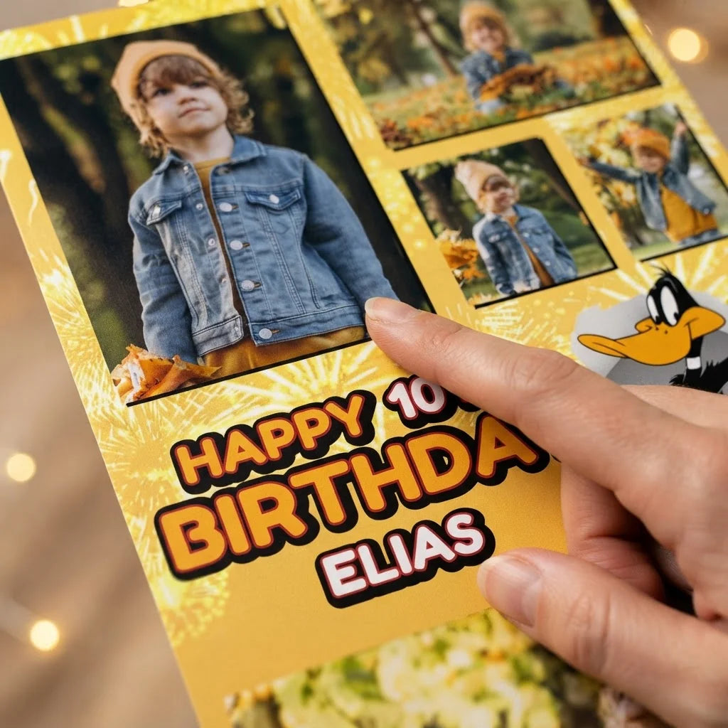 Close-up of the personalised name and photo printed on the Daffy Duck Mega Card