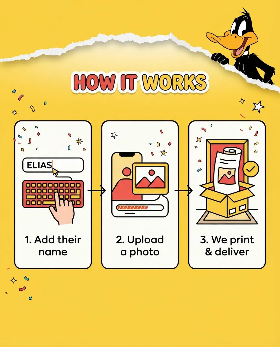 How it works: add a name, upload a photo, and we print and deliver the Daffy Duck Mega Card
