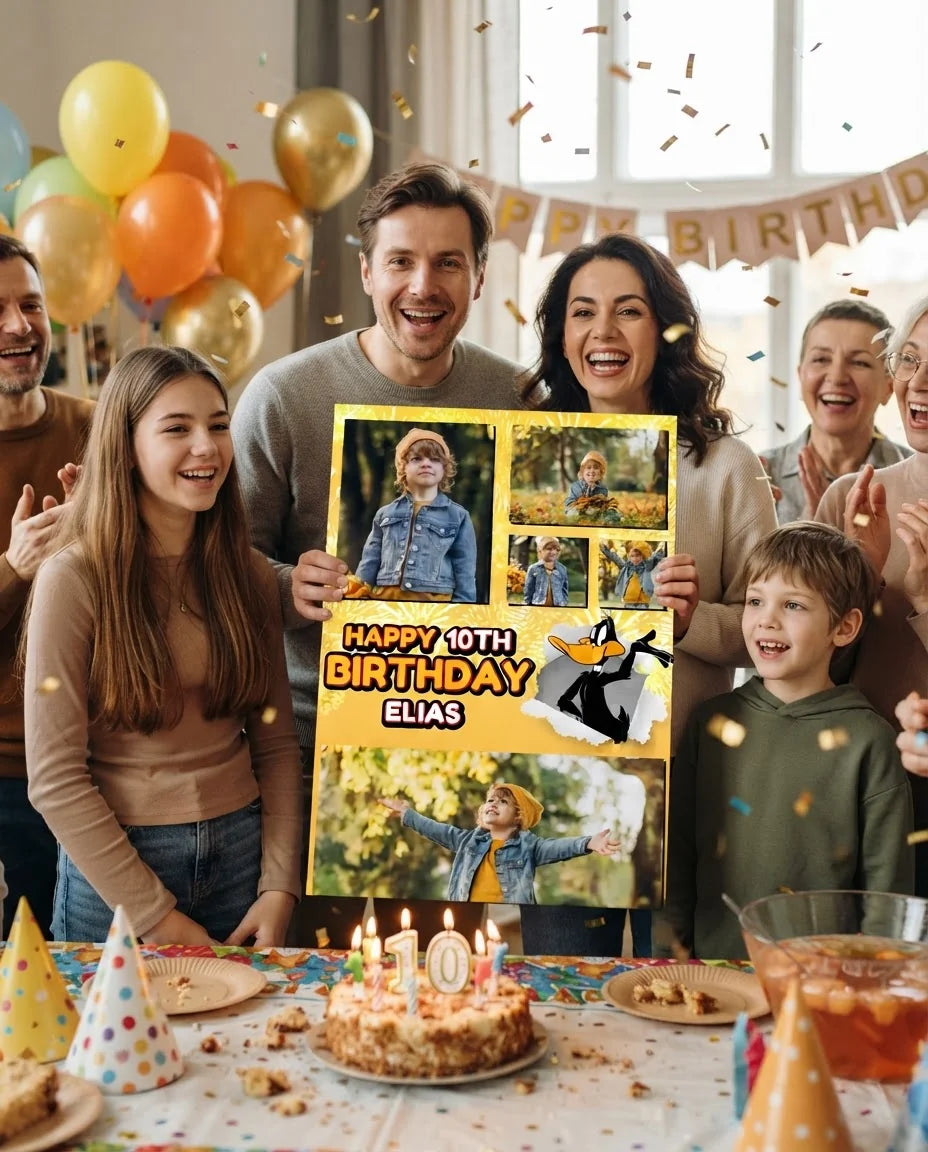 Friends and family celebrating with the personalised Daffy Duck Mega Card