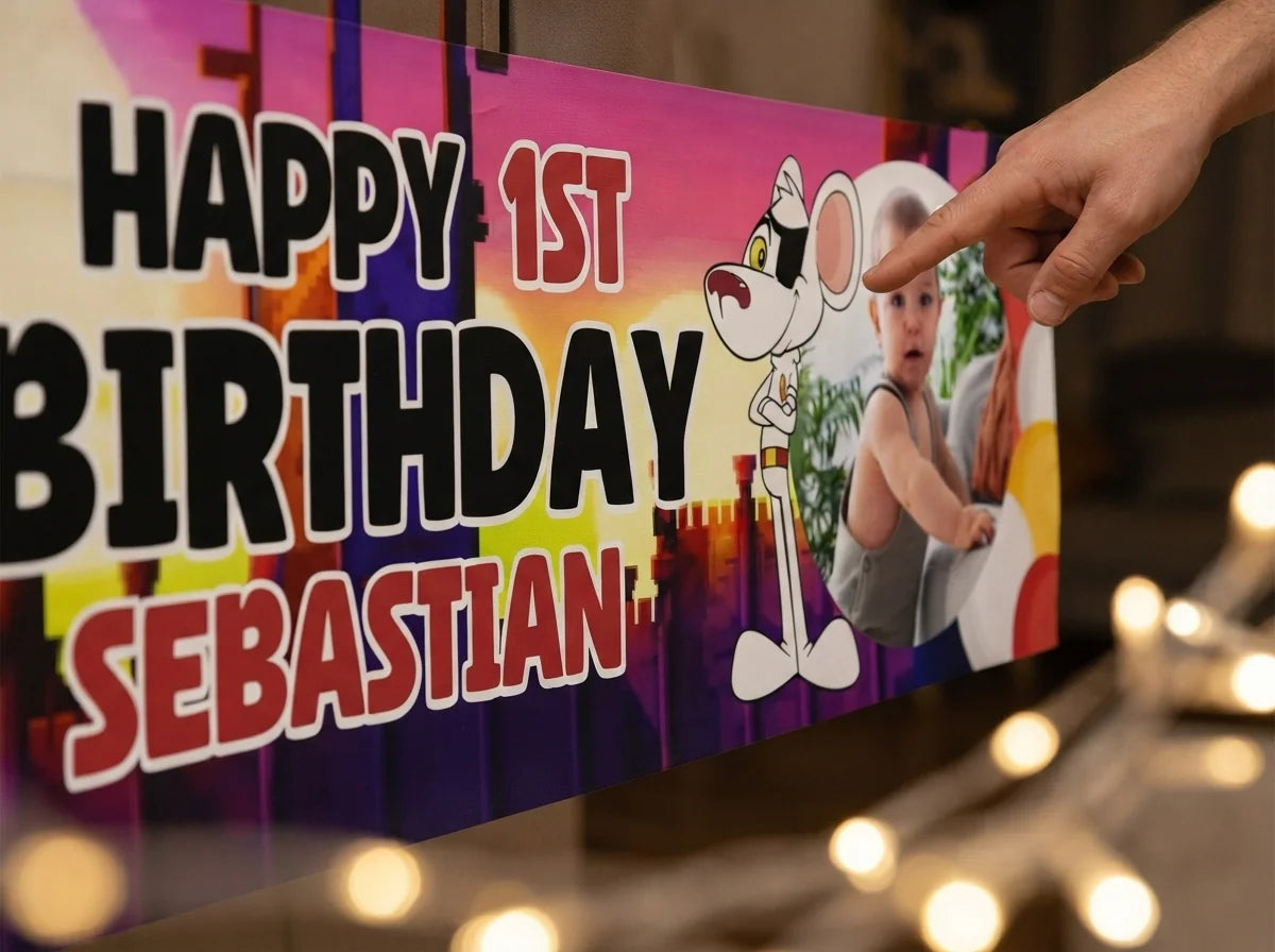 Close-up of the personalised name and photo printed on the Danger Mouse Birthday Banner