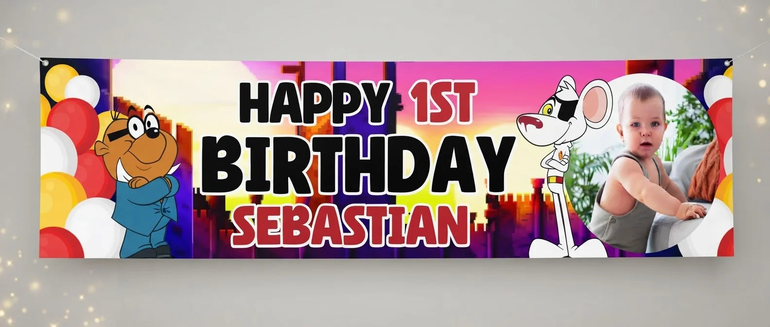 Personalised Danger Mouse Birthday Banner displayed against a plain studio background