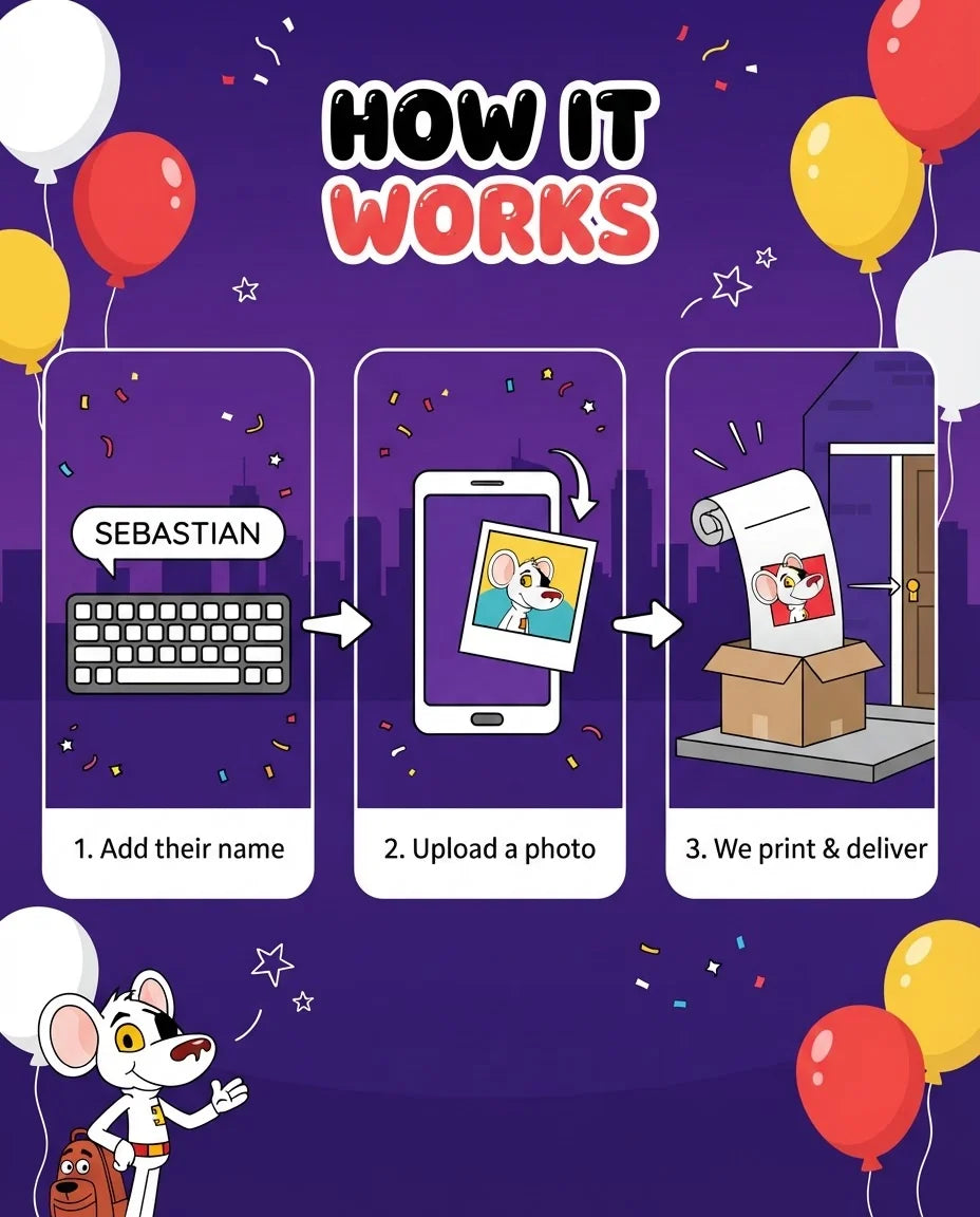 How it works: add a name, upload a photo, and we print and deliver the Danger Mouse Mega Card
