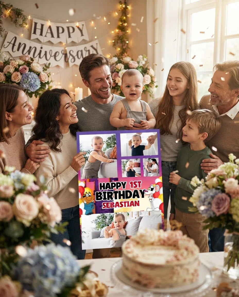 Friends and family celebrating with the personalised Danger Mouse Mega Card