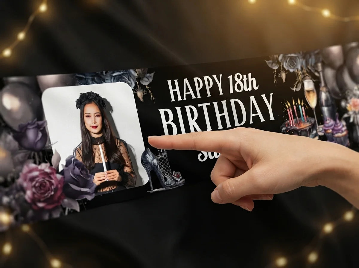 Close-up of the personalised name and photo printed on the Dark Gothic Birthday Party Banner