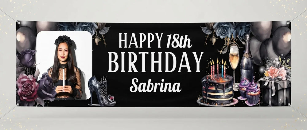 Personalised Dark Gothic Birthday Party Banner displayed against a plain studio background