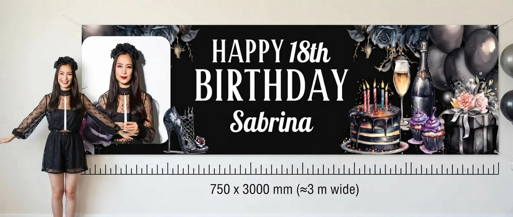 Person standing beside the Dark Gothic Birthday Party Banner for scale, with size guide showing 750 x 3000 mm