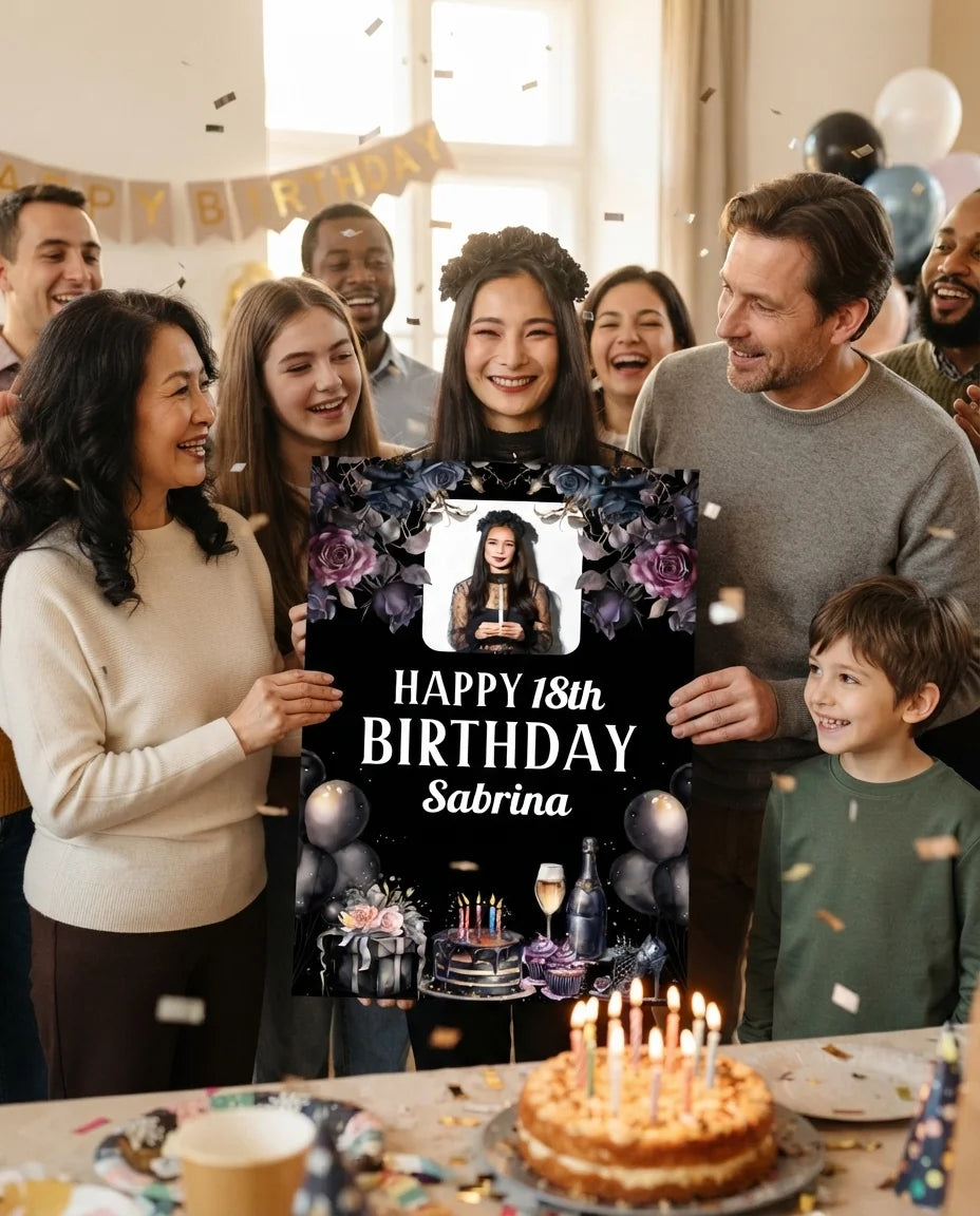 Friends and family celebrating with the personalised Dark Gothic Birthday Party Mega Card
