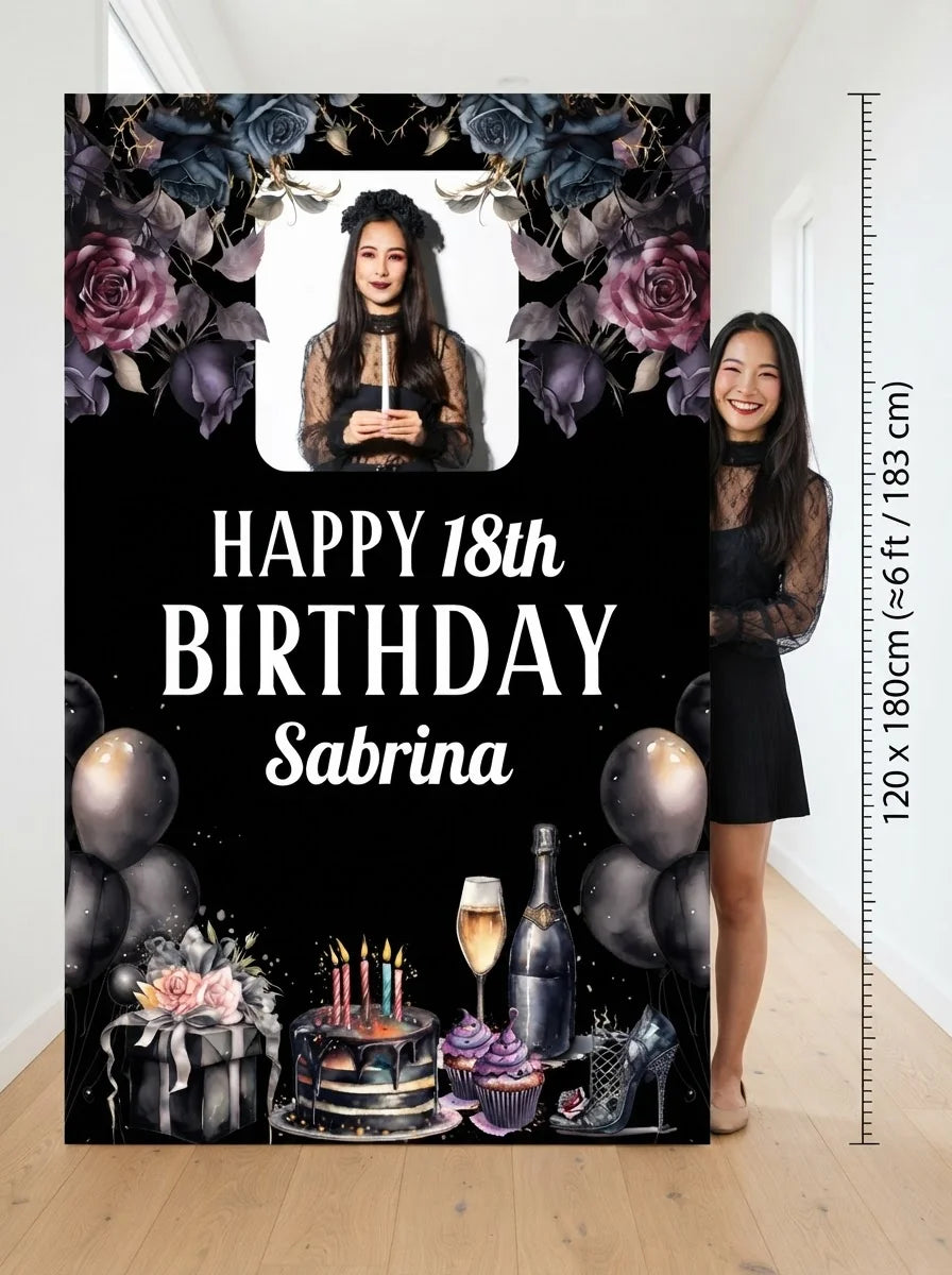 Person standing beside the Dark Gothic Birthday Party Mega Card for scale in a size guide