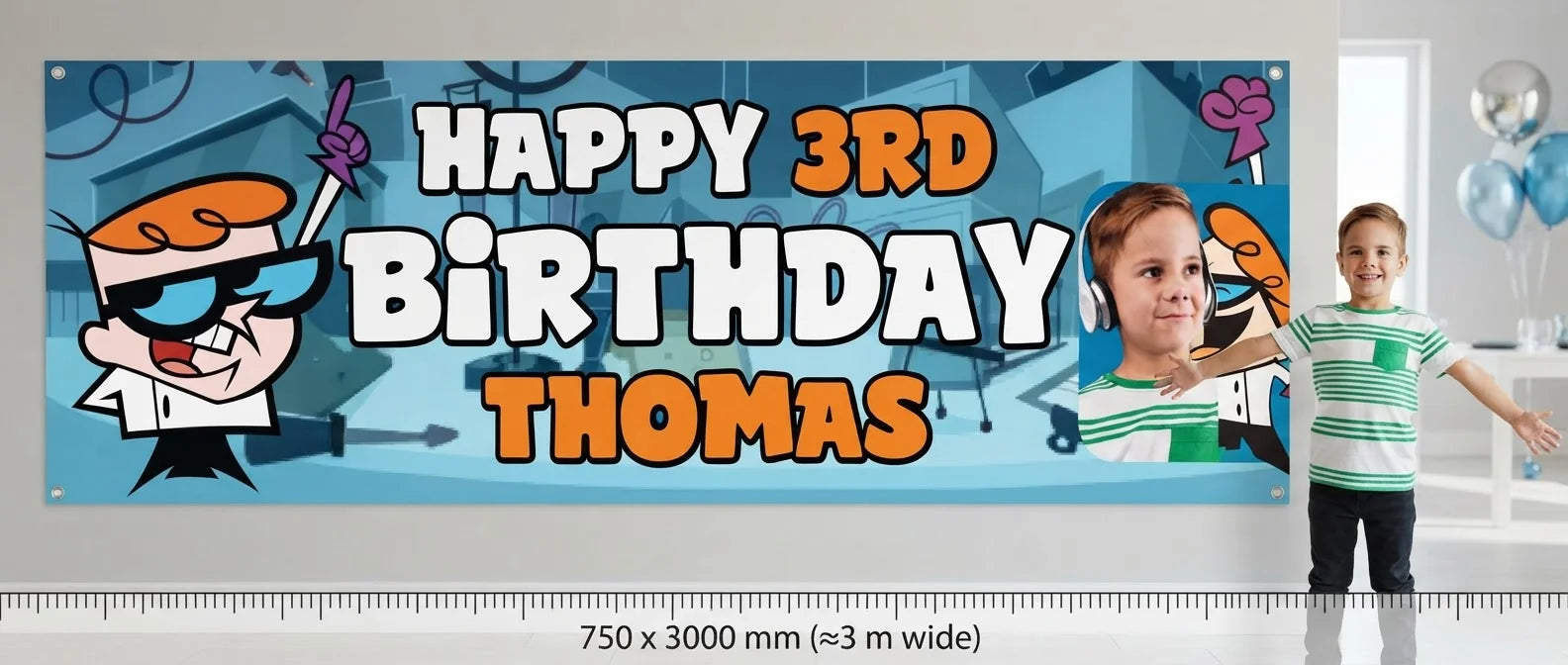 Person standing beside the Dexter's Lab Birthday Banner for scale, with size guide showing 750 x 3000 mm