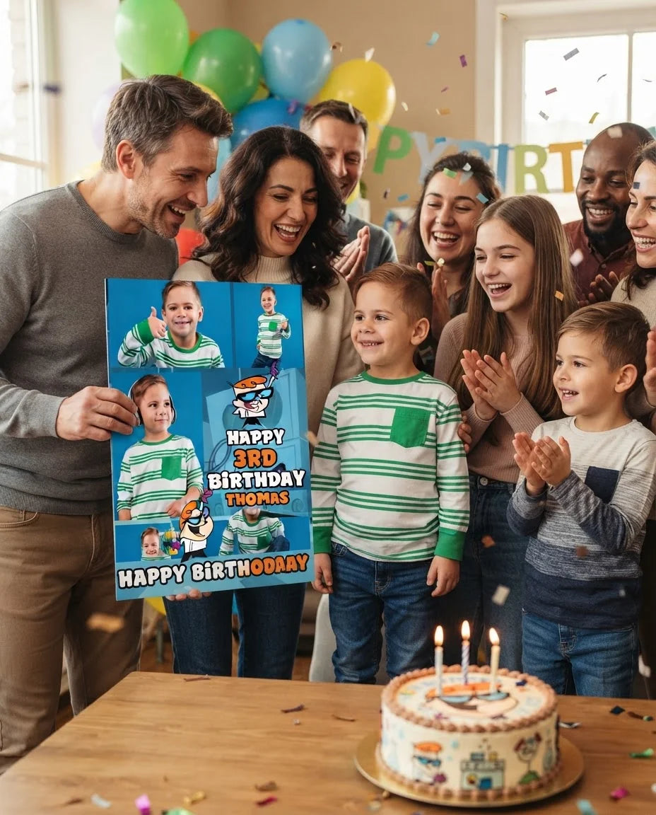 Friends and family celebrating with the personalised Dexter's Lab Mega Card