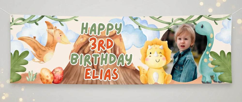 Personalised Dino Island Birthday Party Banner displayed against a plain studio background
